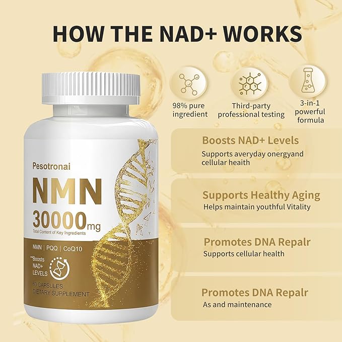 NMN Supplement 1000mg with Resveratrol - 3-in-1 Advanced Formula for NAD+ Boost Cellular Energy &amp Anti-Aging - 99% Pure NMN Supports Immune &amp Muscle Health - 60 Vegan Capsules