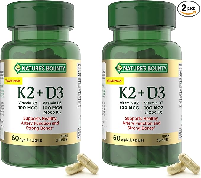 Nature's Bounty Supplement 4000 IU Vitamin D3 Plus 100 mcg of Vitamin K Supplements for Adults for Heart &amp Bone Health Support 60 Day Supply 60 Vegetarian Capsules (Pack of 2)