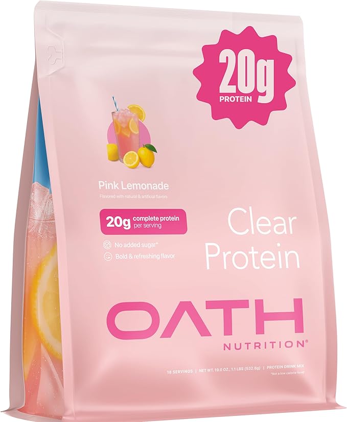 Oath Nutrition Clear Whey Isolate Protein Powder Pink Lemonade 20g Complete Protein per Serving No Added Sugar Grass-Fed 18 Servings