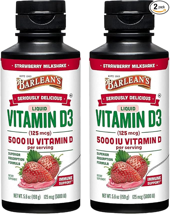 Barlean's Pack of 2 Vitamin D3 Liquid Supplement for Kids and Adults 5000 IU Vitamin D Strawberry Milkshake Non-GMO Gluten and Dairy Free 5.6 oz Each