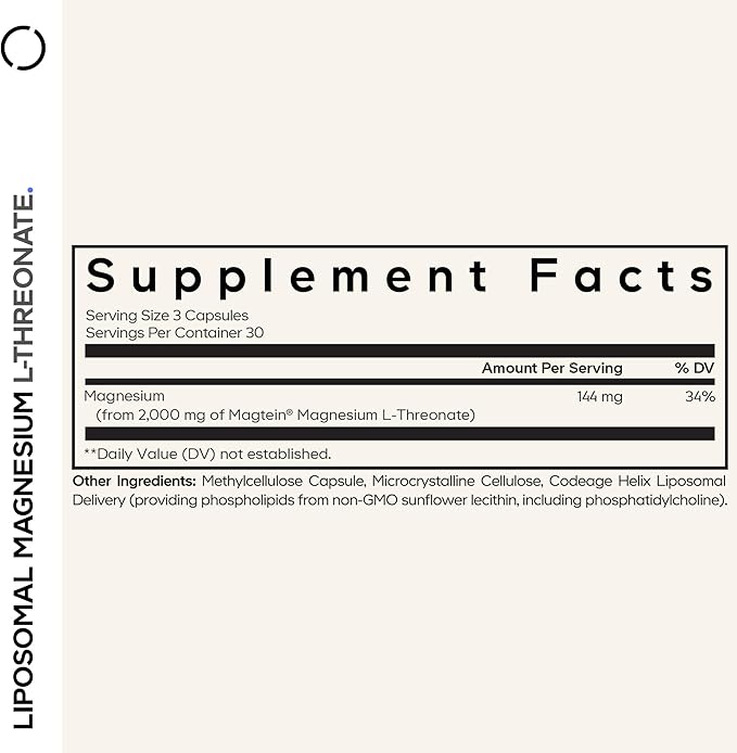 Codeage Liposomal Magnesium L-Threonate Supplement Patented Magtein Magnesium Threonate for Brain Health Memory and Cognitive Function Support Bioavailable Non-GMO - 90 Capsules