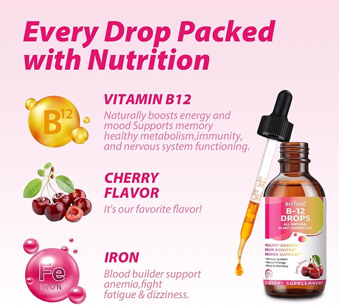 2P Cherry-Flavored Iron Drops for Women - Help Maintain Energy Boost Vitality and Immunity. Non-GMO Gluten-Free 60 ml.