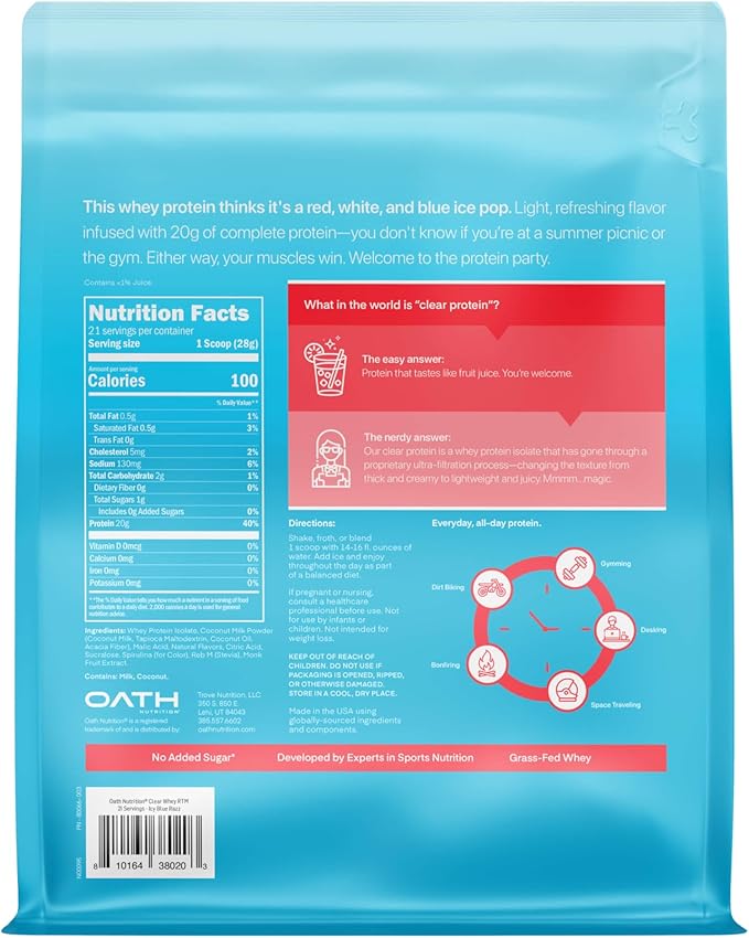 Oath Nutrition Clear Whey Isolate Protein Powder ICY Blue Razz 20g Complete Protein per Serving No Added Sugar Grass-Fed 21 Servings
