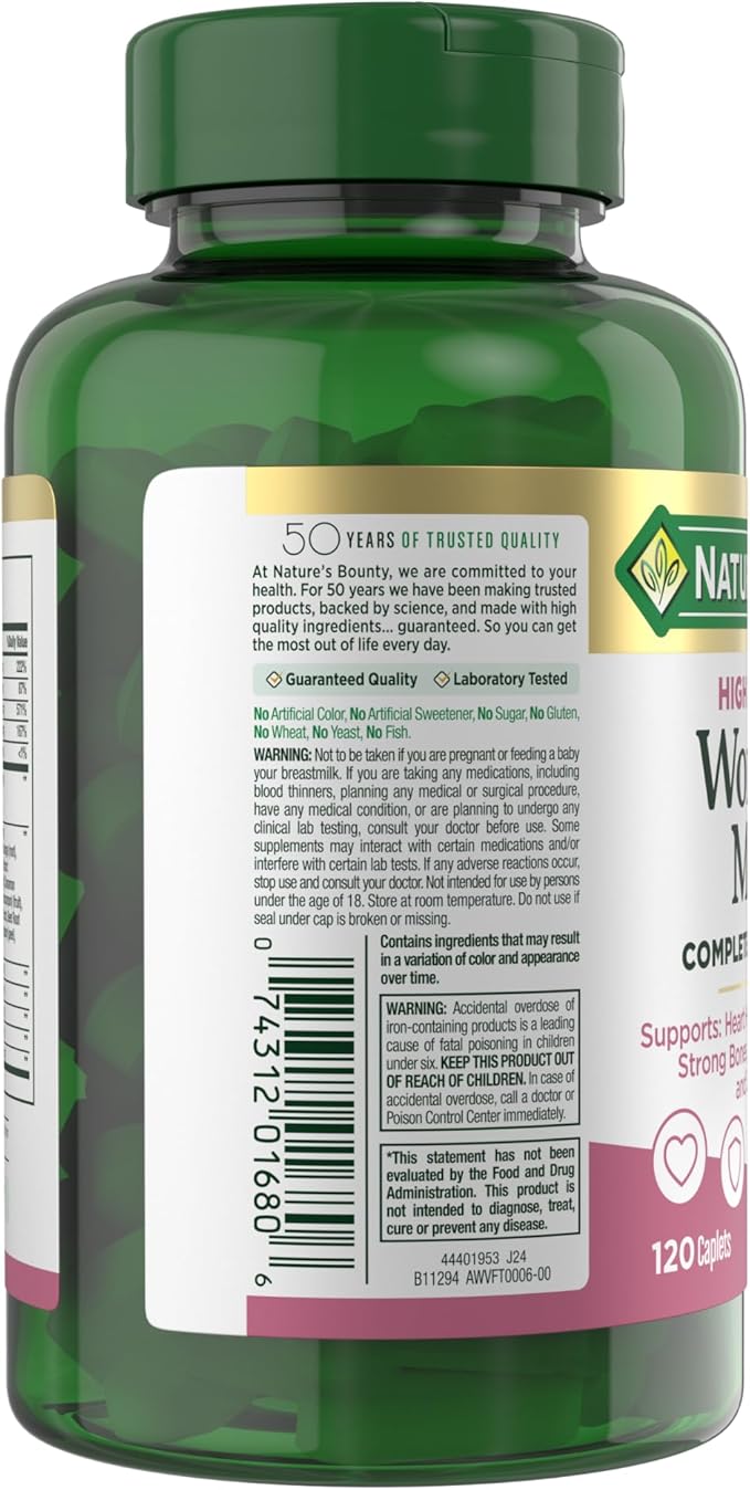 Nature’s Bounty High Potency Women’s Complete Multivitamin Daily Vitamin with Vitamin C Supports Heart Health &amp Immune Function Essential Nutrition for Women 120 Caplets