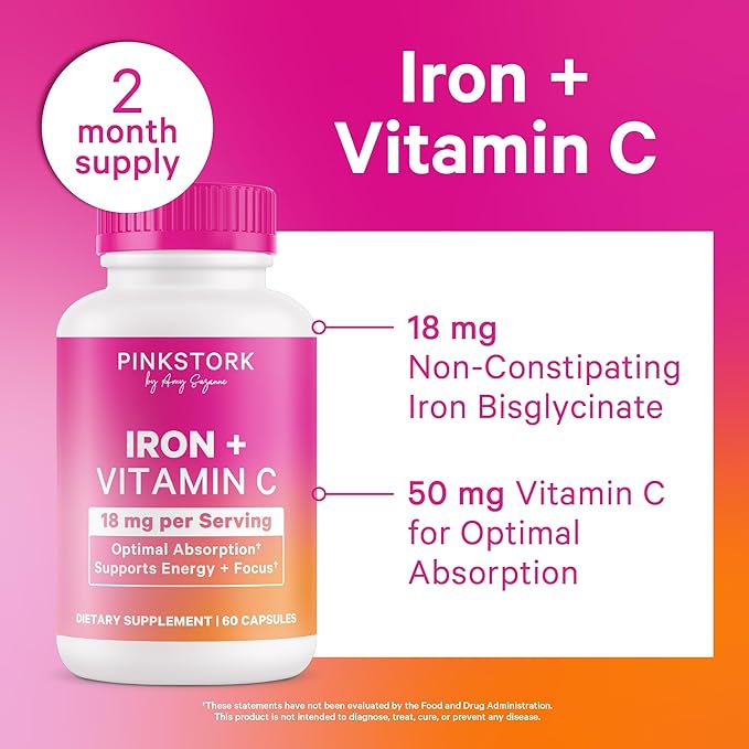 Pink Stork Prenatal Iron Supplement for Women - 18 mg Non-Constipating Iron &amp Vitamin C for Pregnancy Postpartum &amp Breastfeeding - Focus Fatigue &amp Blood Cell Production - 4 Month Suppl