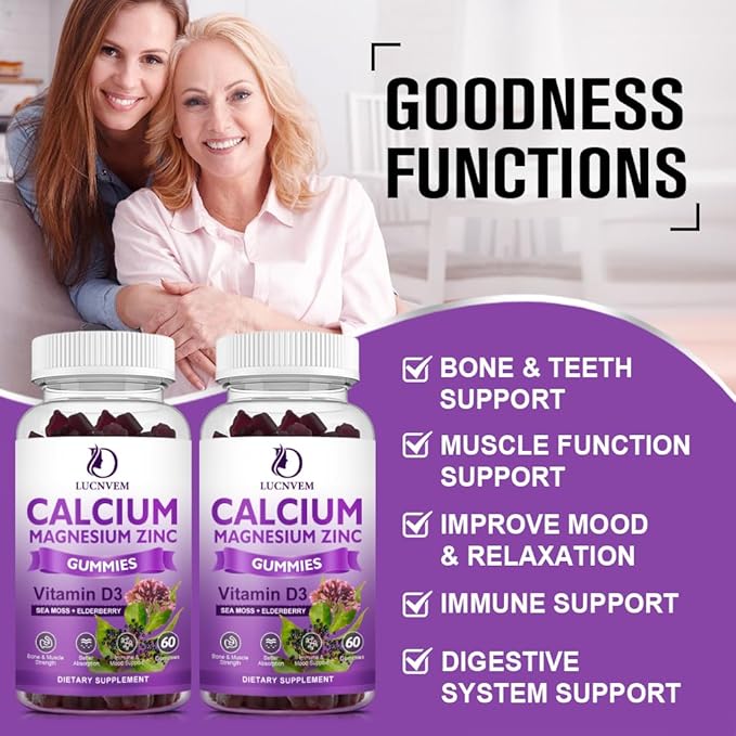 (2 Pack) Sugar Free Calcium Magnesium Zinc Gummies Calcium Magnesium 2:1 Contains Magnesium Glycinate Vitamin D3 Sea Moss for Bones Muscles Calm Mood &amp Sleep Support Vegan 120 Gummies