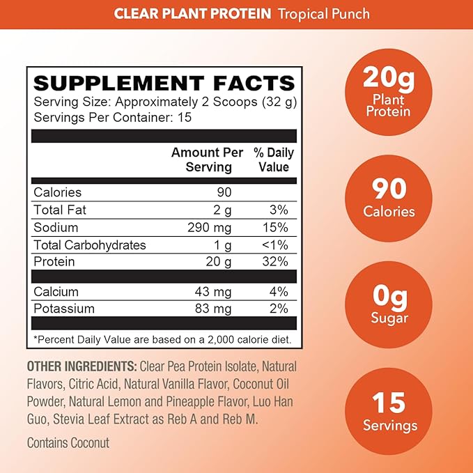 PlantFusion Vegan Clear Protein Powder with Pea Protein Peptides - 20g Fast-Absorbing in Water 90 Calories Zero Sugar Premium Alternative to Clear Whey - 16 oz