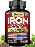 Iron Supplement with Slow Release Iron Probiotics Spirulina Turmeric Vitamin B6 B12 C Zinc Folate Beetroot Nettle Leaf Dandelion Root Black Pepper Extra Strength 60 Vegan Capsules