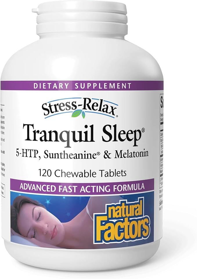 Natural Factors Tranquil Sleep - Calm Sleep Health Supplement - Relaxation Support Supplement with Melatonin &amp 5-HTP - 120 Chewable Tablets (60 Servings)