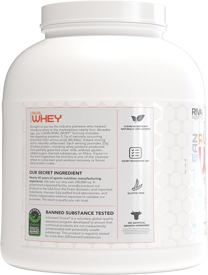 RIVAL NUTRITION Clean Rival Whey – 5LB Unflavored – 100% Whey Protein Powder Whey Isolate Primary Source | 25g Protein Muscle Gain/Recovery | All Natural No Artificial Ingredients - 72 Servings