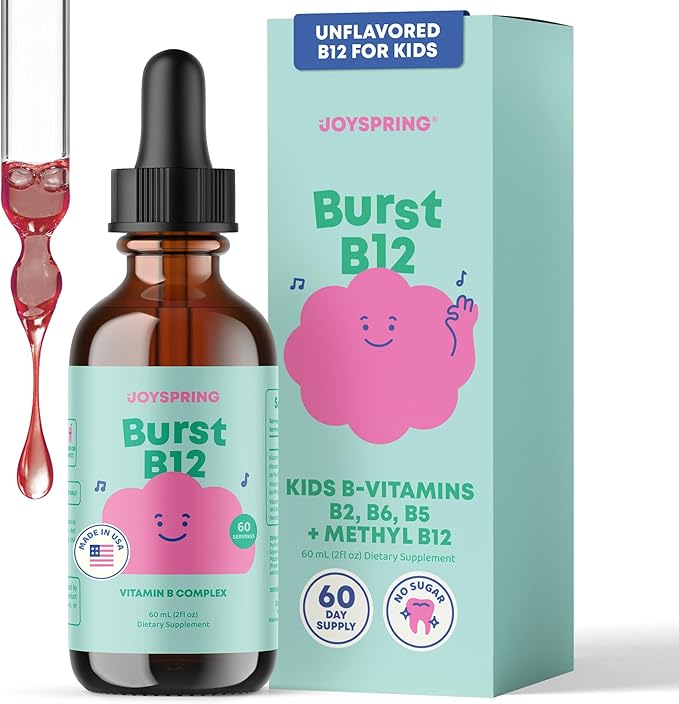 JoySpring Burst B12 Drops - Vitamin B Complex for Kids with Methyl B12 Supplement to Support Healthy Growth &amp Development Vegan Liquid B12 Drops Ages 3-16+ | 2 fl oz (60 Servings)