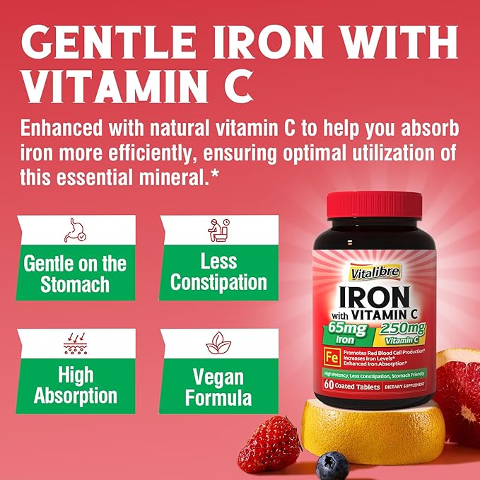 Iron Supplement 65mg Carbonyl Iron with 250mg Vitamin C + Vitalibre Women's Probiotics 100 Billion CFU 15 Strains w/Prebiotic Cranberry Vitamin B6 &amp VC