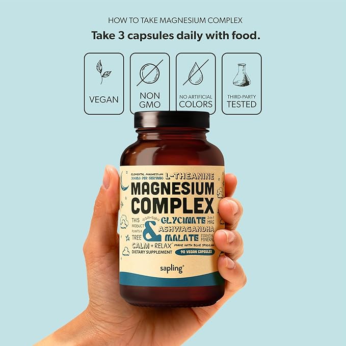 Magnesium Glycinate Complex Supplement - Chelated Magnesium Glycinate with Malate Organic Ashwagandha L-theanine &amp Blue Spirulina - High Absorption Vegan Non-GMO 300mg 90 Veggie Caps