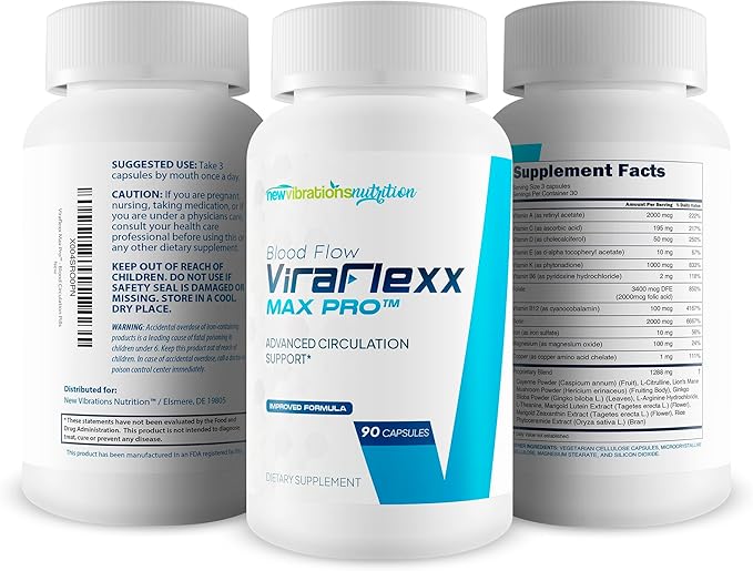 ViraFlexx Max Pro - Improved Circulatory Health Formula - Our Best Nitric Oxide Blood Flow Supplement For Men - Mens Blood Circulation Pills For The Head - Advanced Blood Flow Vasodilator Supplements