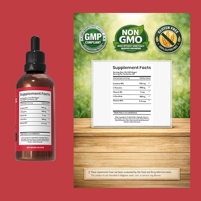 Creatine HCL Liquid Drops for Men &amp Women - 2ml Per Serving L-Theanine Vitamin B12 &amp B6 L-Carnitine - High Absorption 4 Fl Oz (120ml) (4 FL OZ Cherry)