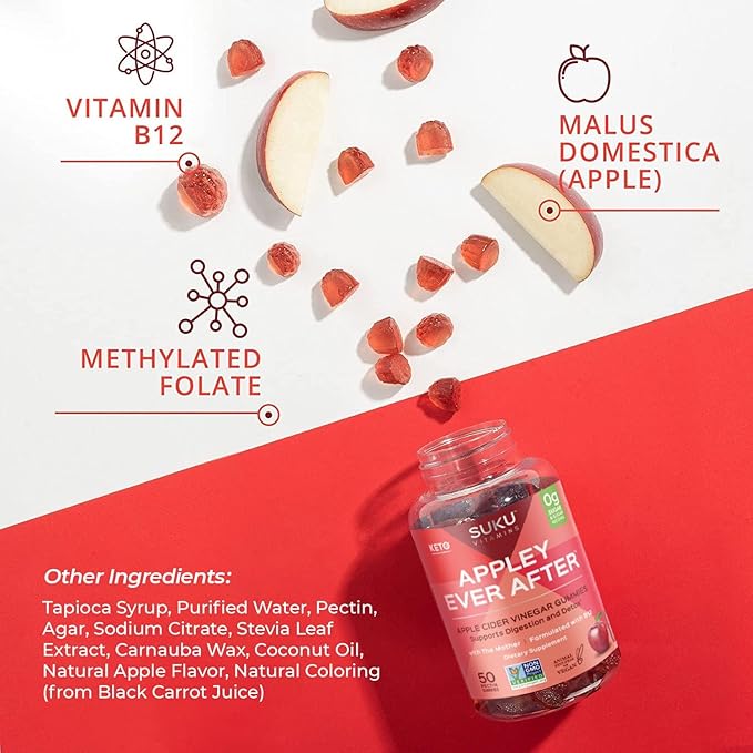 SUKU Appley Ever After Gummies – Apple Cider Vinegar with Methylated B12 &amp Folate – Sugar-Free Gluten-Free Vegan Detox &amp Energy Support – Amazing Apple Flavor – 50 Count