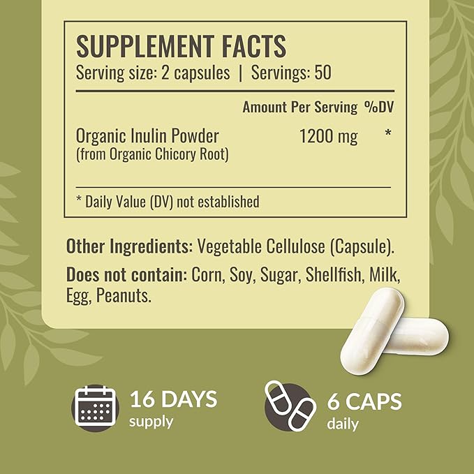 HERBAMAMA Inulin Powder Capsules 1200mg - Digestive Support &amp Gut Cleanse with Inulin Prebiotic Fiber - Vegan Non-GMO Chicory Root Powder Supplement