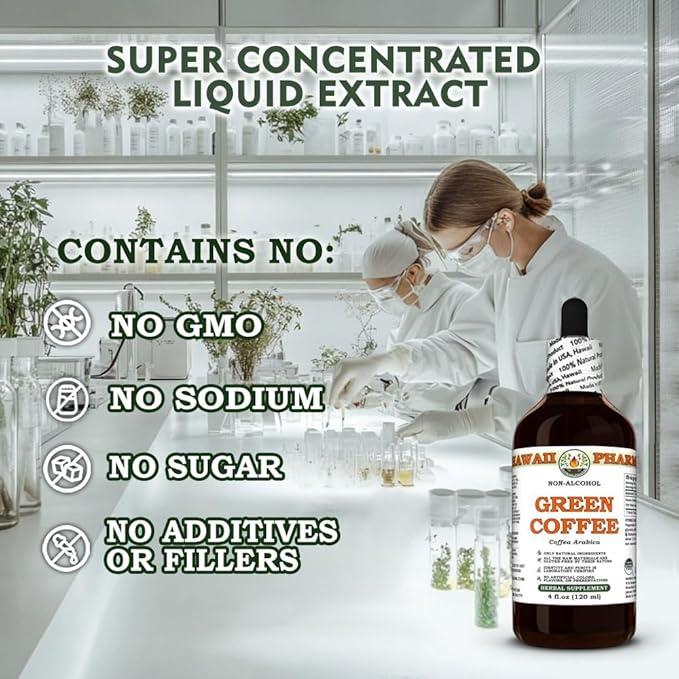 Green Coffee (Coffea Arabica) Dry Bean Glycerite Made in Hawaii All Natural Vegan Lab Tested Alcohol-Free Liquid Extract - 32 fl.oz