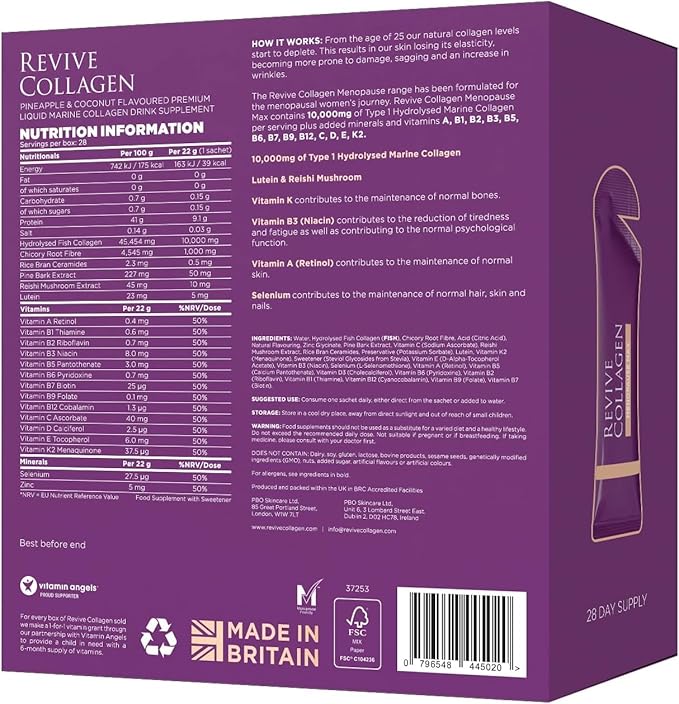 Revive Collagen Menopause Max — Hydrolyzed Marine Collagen Drink for Women 10000MG Lutein Reishi Mushroom Vitamin B6 B12 C &amp D for Skin &amp Eye Wellness Pineapple &amp Coconut Flavour