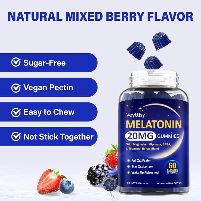 Melatonin 20mg Gummies for Adults - Max Strength Melatonin Gummy Supplement with Magnesium Glycinate B6 B12 L-Theanine GABA &amp Herbs - Non-Habit Forming Vegan Natural Mixed Berry Flavor