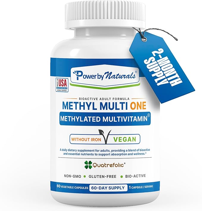 Power By Naturals Methyl Multi One - Iron-Free Methylated Multivitamin with Quatrefolic 5-MTHF Active B12 P5P CoQ10 &amp Zinc for MTHFR Support - Energy &amp Focus Formula - 60 Capsules (2-Month