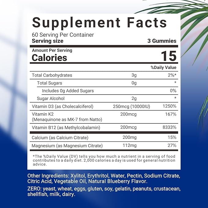 Sugar-Free Vitamin D3 K2 Gummies Vitamin D3 10000iu &amp Vitamin K2(MK7) 200mcg with Calcium Magnesium Vitamin B12 for Bone Muscle Teeth Immune Vegan