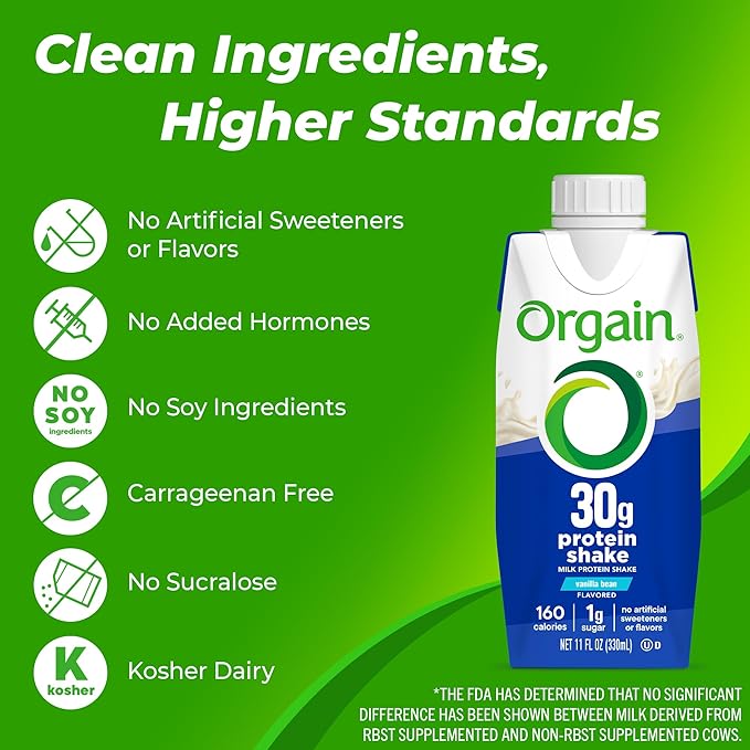 Orgain 30g High Protein Ready To Drink Shake Vanilla Bean 11 Fl Oz (Pack of 12) + Orgain Organic 30g Vegan Protein Powder Vanilla 2.01 lb (Packaging May Vary) Bundle