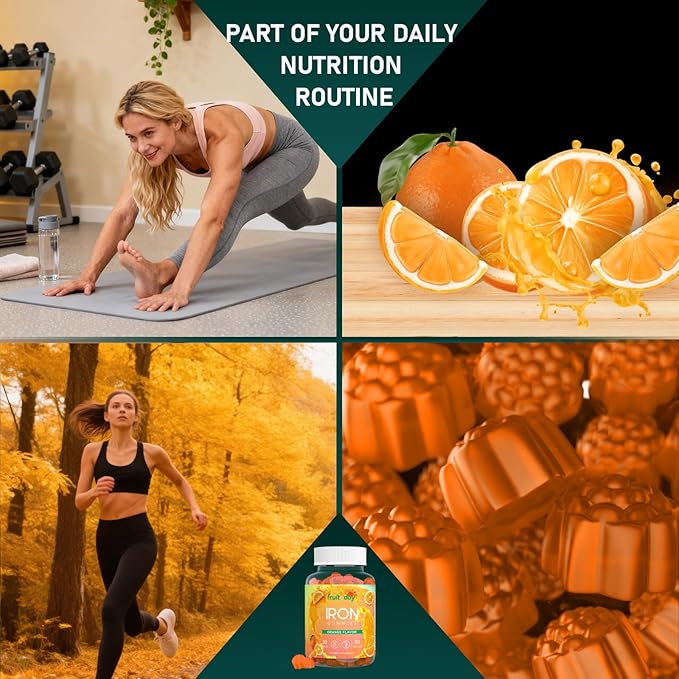 Iron Gummies with Vitamin C B6 B12 and Folate - Gentle Ferrous Bisglycinate for Daily Nutrition - Orange Flavor - 60 Gummies