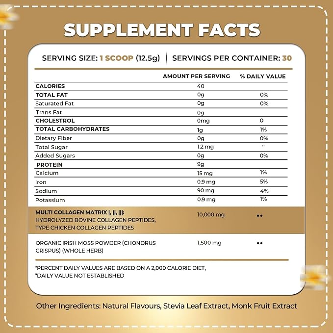ORGANICS NATURE Collagen Peptides Powder with Irish Sea Moss Vanilla Caramel Flavored | Naturally Sourced Hydrolyzed Collagen w/Biotin for Hair Skin Nail and Joint Support 30 Servings 380 gr
