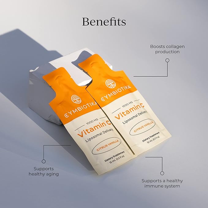 CYMBIOTIKA Vitamin C Individual Packets Liposomal Delivery Supplement for Immune Support Collagen Boost &amp Healthy Aging Skin Hydration Packets Citrus Vanilla Flavor 30 Count