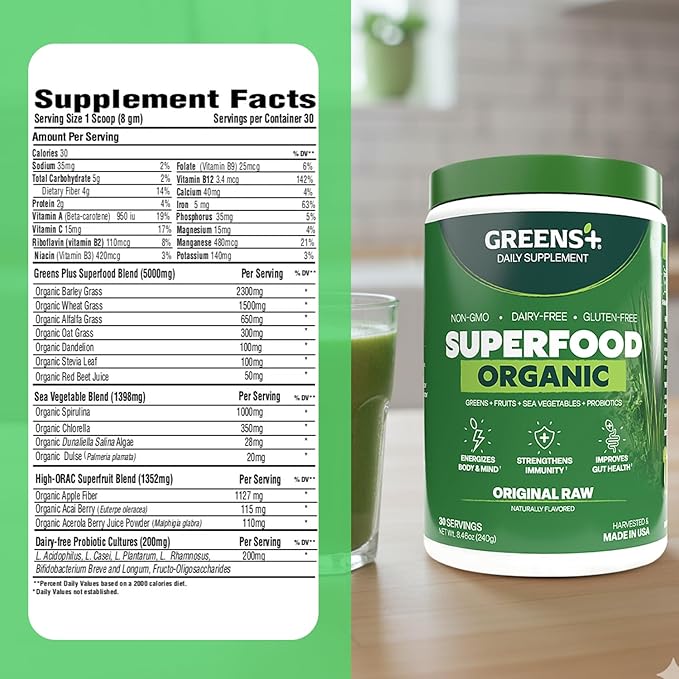 Greens+ Organic RAW Superfood Powder Super Blend Immune Support Morning Kick Energy Boost Nutrition Vibrant Health Dietary Supplement Vegan Soy/Dairy/Gluten Free(8.46oz)