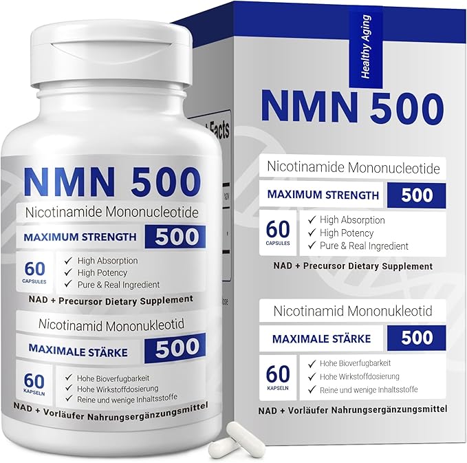 NMN 500mg Per Serving Maximum Strength - 99% Pure NMN (Nicotinamide Mononucleotide) for NAD Cell Immune Energy Anti-Aging &amp Longevity Stabilized NMN Supplements 500mg - 60 Veggie Capsules