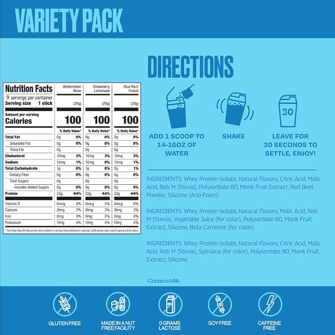 SEEQ Clear Protein Powder - 22g Whey Isolate Per Serving - 9 Count Variety Pack - On-The-Go Sticks - Blue Razz Freeze Strawberry Lemonade Watermelon Wave