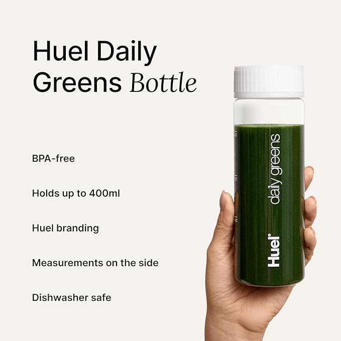 Huel Daily Greens Bundle | Single Serve Lemon and Ginger + Bottle | Superfood Greens Powder | 91 Vitamins Minerals and Wholefood-Sourced Ingredients | 12 Servings | Lockable Lid to Avoid Spills