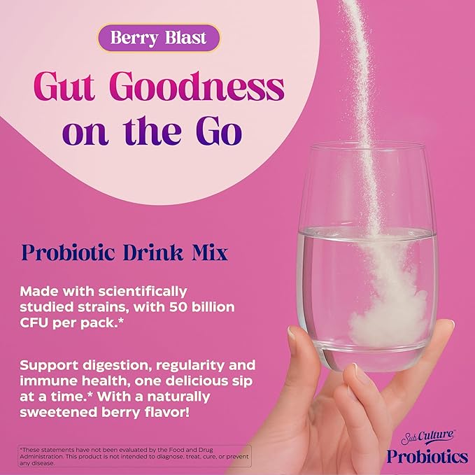 Enzymedica SubCulture Berry Blast Probiotic Powder Daily Drink Supports Gut Health &amp Immune Function Probiotics for Women and Men Sugar-Free 20 Stick Packs