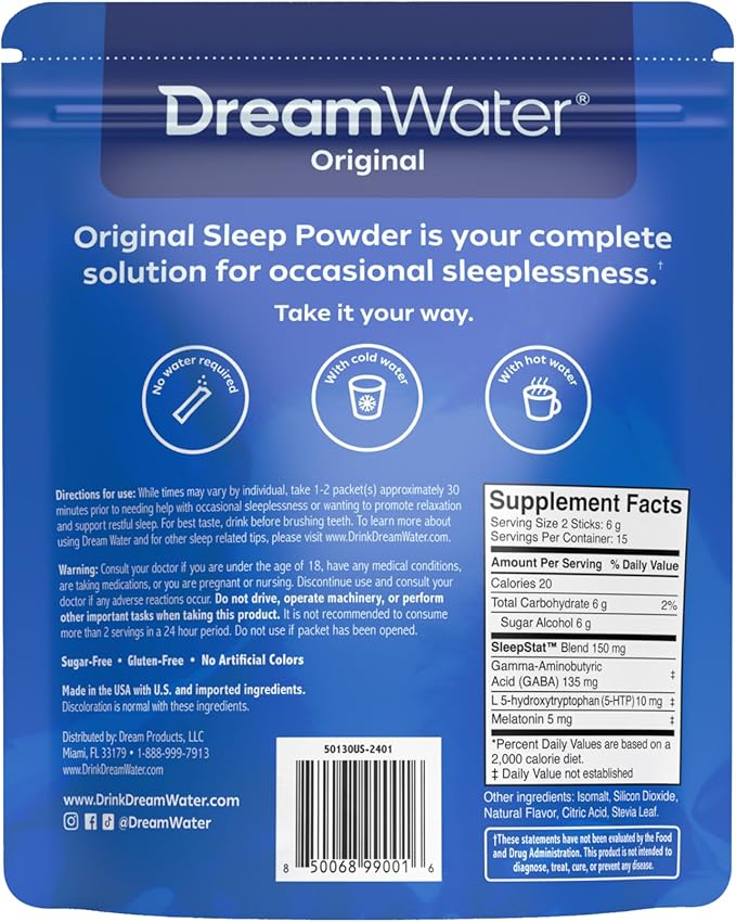 Dream Water Sleep Aid Powder Melatonin 5mg GABA 5-HTP Natural Flavors Helps You to Fall Asleep Fast and Wake Refreshed Snoozeberry 30-Count.