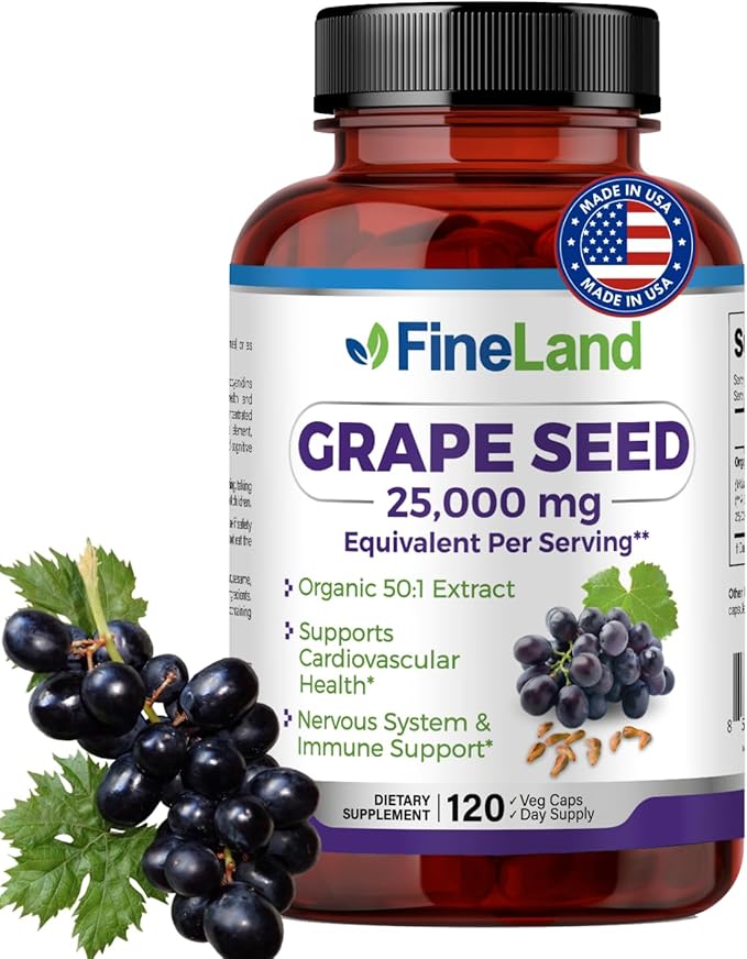 FineLand Grape Seed Extract 50:1 – 25000mg Equivalent per Capsule – 120 Vegan Capsules – Rich in Antioxidants | Heart Immune &amp Circulation Support – Non-GMO | Made in USA