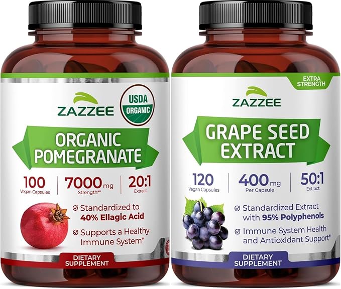Zazzee USDA Organic Pomegranate Extract &amp Antioxidant Rich Grape Seed Extract | Polyphenol Anti Aging Bundle | Non-GMO Vegan &amp ISO Lab Tested