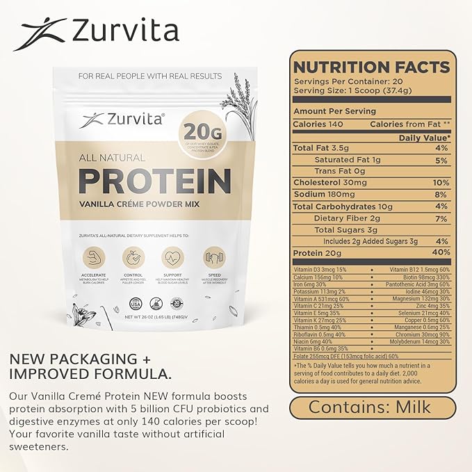 Zurvita - Vanilla Crème Protein Powder- Protein Probiotics No Artificial Sweeteners 24+ Vitamins &amp Minerals 140 Cal/Scoop - 26oz (20 Servings)