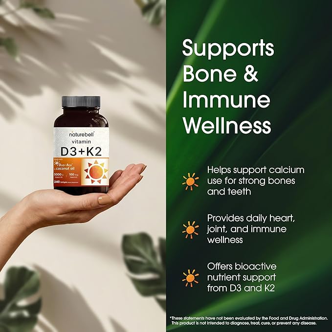 NatureBell Vitamin D3 K2-240 Softgels - 5000 IU Vitamin D3 &amp 100mcg Vitamin K2 MK-7 - with Virgin Coconut Oil - Bone Heart &amp Immune Health Support* - Duo-Ack Formula