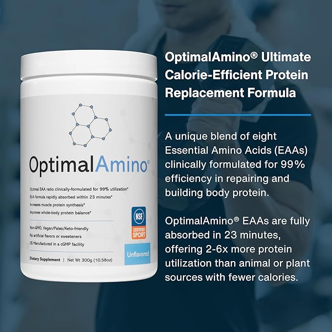 OptimalAmino Amino Acid Powder | 99% Utilized Essential Amino Acid (EAA) Supplement | Pre/Post Workout &amp Muscle Recovery | NSF for Sport Certified | Unflavored Do It Yourself (DIY)