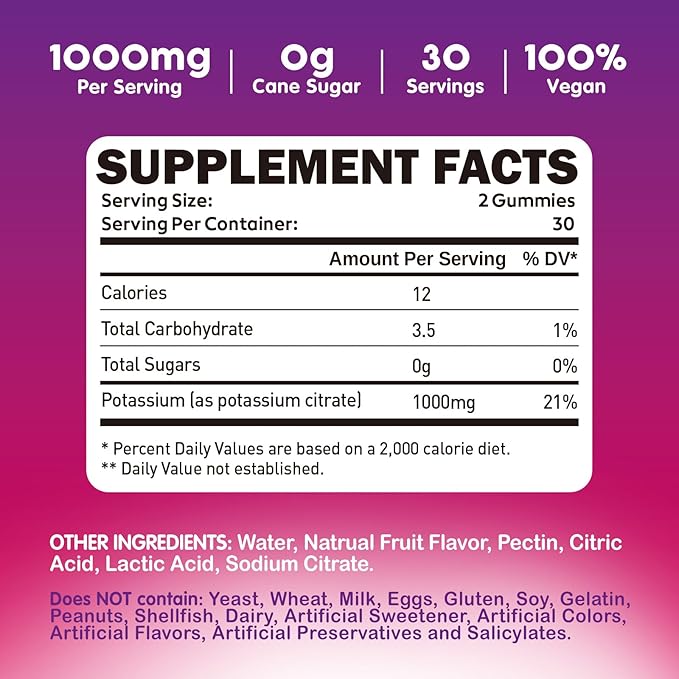 Potassium Citrate 1000mg Gummies Potassium Supplement for Adults Women &amp Men Support Leg Cramps &amp Muscle Health 60 Chewables