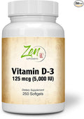 Zen Supplements - Vitamin D-3 5000 IU 250-Softgel - Supports Healthy Muscle Function Bone Health &amp Immune Support