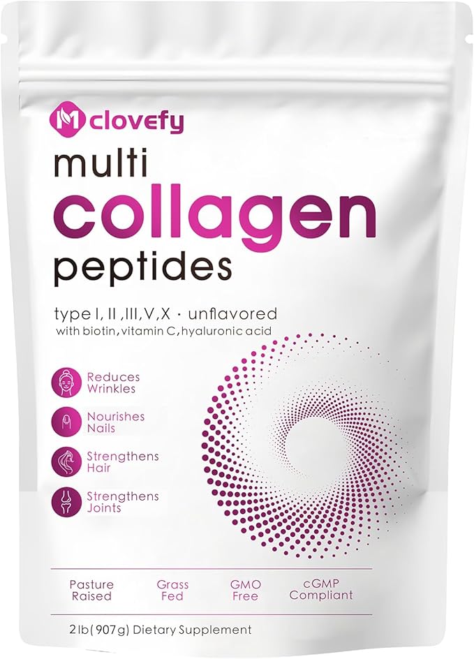 Multi Collagen Protein Powder 2lbs-Unflavored with Hyaluronic Acid &amp Vitamin C Skin Hair &amp Joint Support 32 Oz