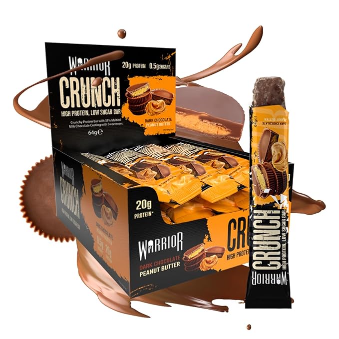 Warrior HIGH PROTEIN BARS (20g Protein each) - Low Carb Low Sugar - Pack of 12 Caramel Crispy Crunch Bars - Dark Chocolate &amp Peanut Butter
