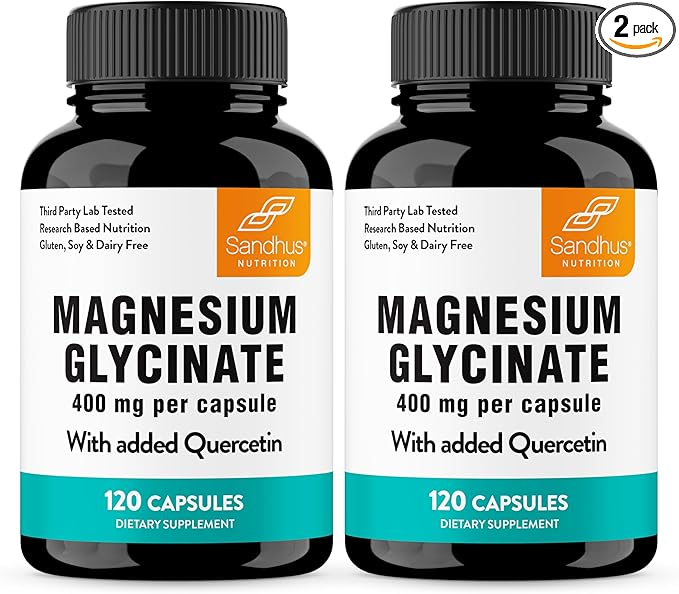 Magnesium Glycinate 400mg High Absorption Capsules with Quercetin | Quality Sleep Relaxation &amp Muscle Health Supplement for Women and Men | Chelated Magnesium 120 Count (Pack of 2) | Easy to Swal