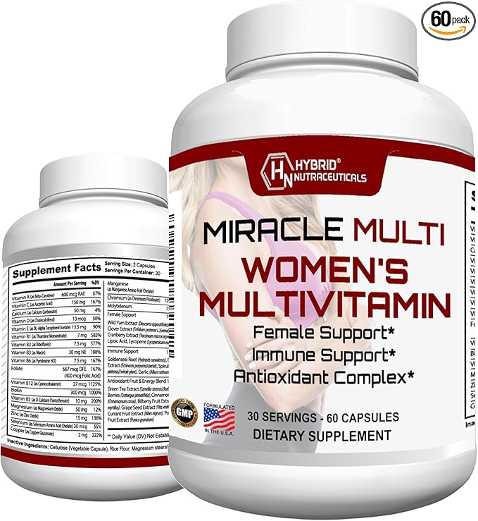 MiracleMulti Multivitamin for Women - Female Support Formula Immune Support Minerals Biotin Antioxidants &amp Superfoods Blend – 60 Capsules