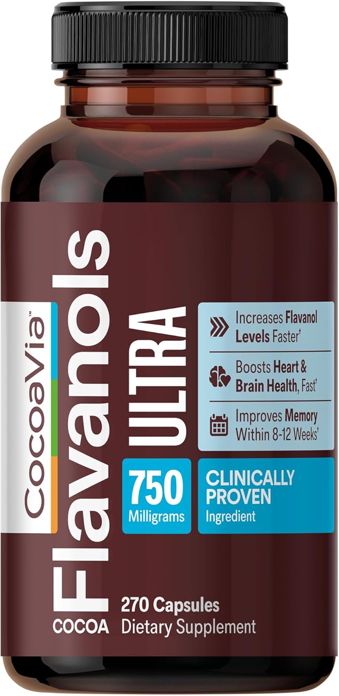 CocoaVia Ultra 750mg Cocoa Flavanols – Heart &amp Brain Support Memory &amp Blood Circulation Booster High Flavanol Cocoa for Nitric Oxide Energy &amp Oxygen Boost Vegan Gluten-Free 90-Day Su