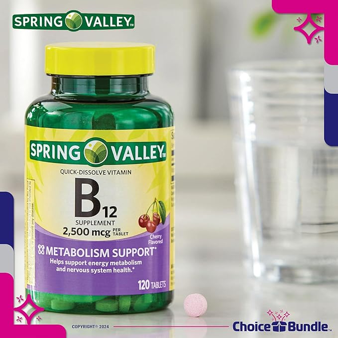 Spring Valley Vitamin B12 Quick Dissolve Tablets 2500 Mcg B Vitamins Complex 120 Ct 3 pk (360 Total) + Vitamin Vitality &amp Pill Container (5 Items)!