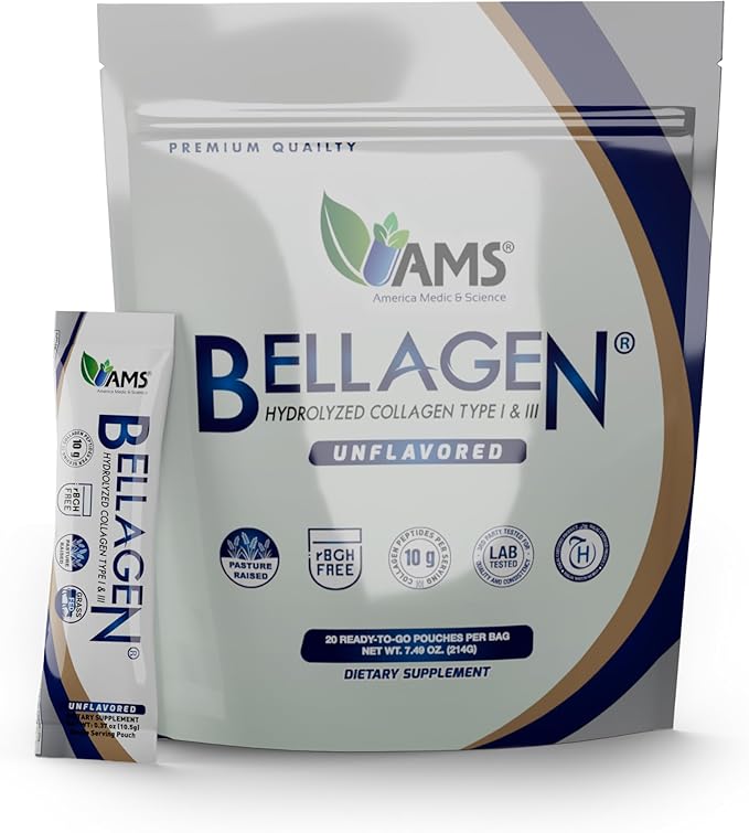 America Medic &amp Science Bellagen Collagen Peptides – 20 Single Serving Sticks for Skin Hair Nail &amp Joint Support – Hydrolyzed Grass-Fed Gluten-Free Non-GMO